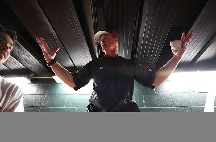 Alabama baseball interim head coach Jason Jackson speaks to his team after beating Vanderbilt at Sewell-Thomas Stadium in Tuscaloosa, Ala. on Thursday, May 4, 2023.